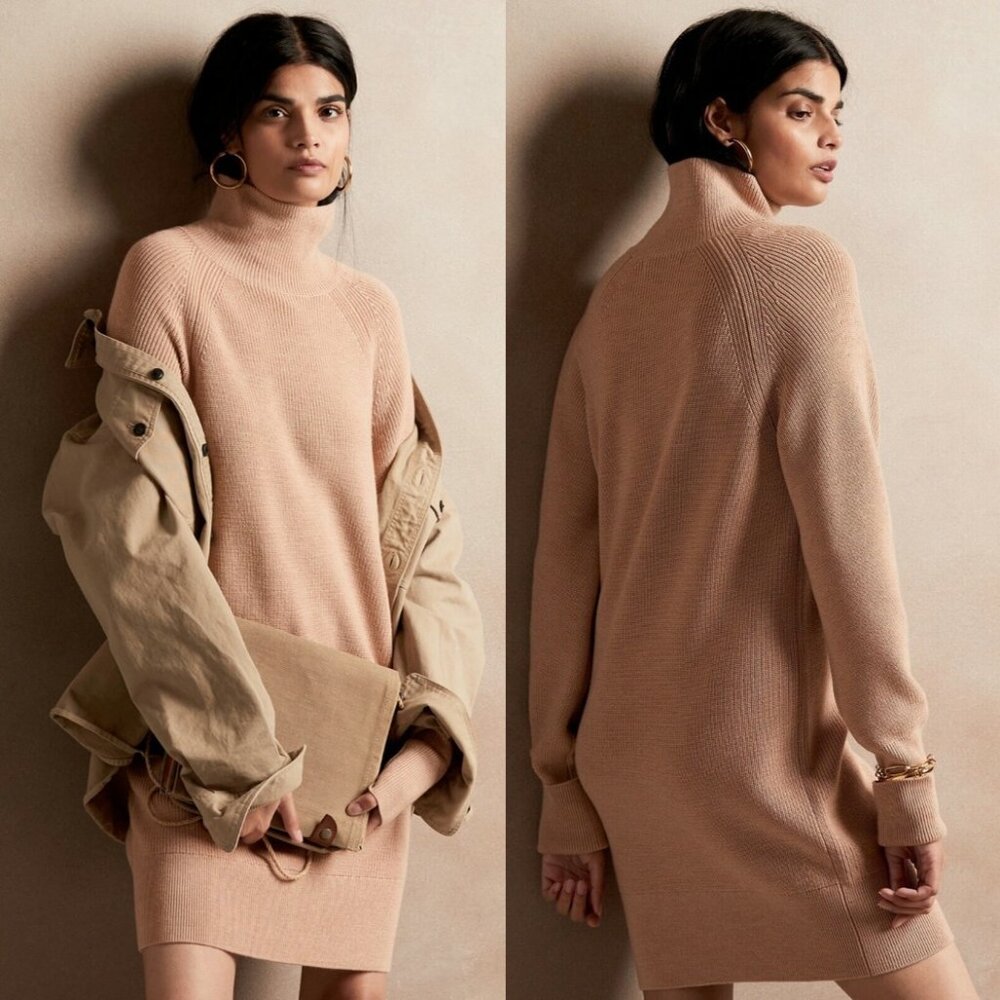 Banana Republic Mock Neck Responsible Wool Merino Mini Dress M Sand Dune